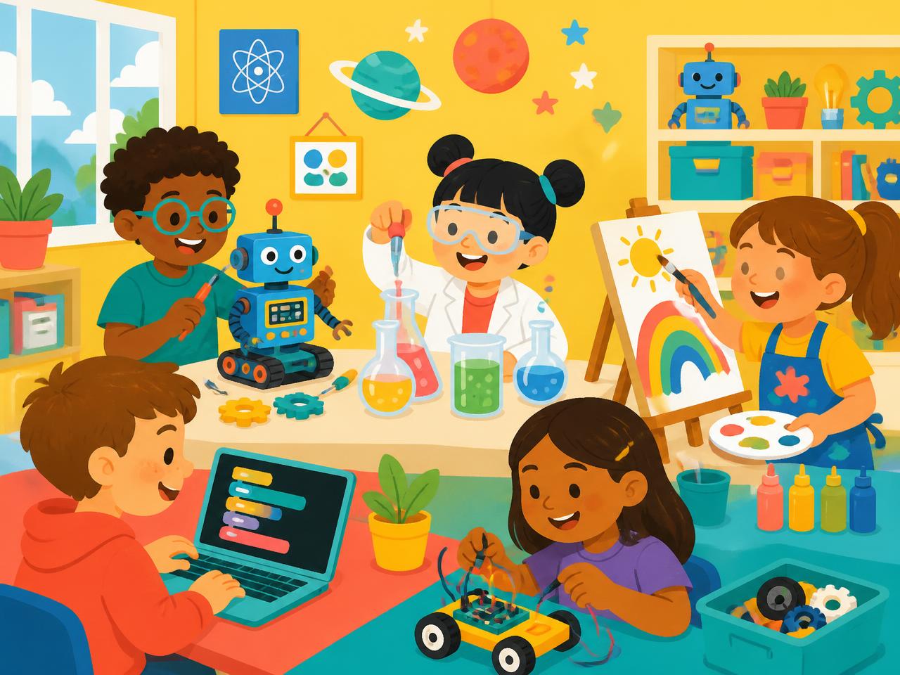 Children solving puzzles, inventing, presenting ideas and creating together